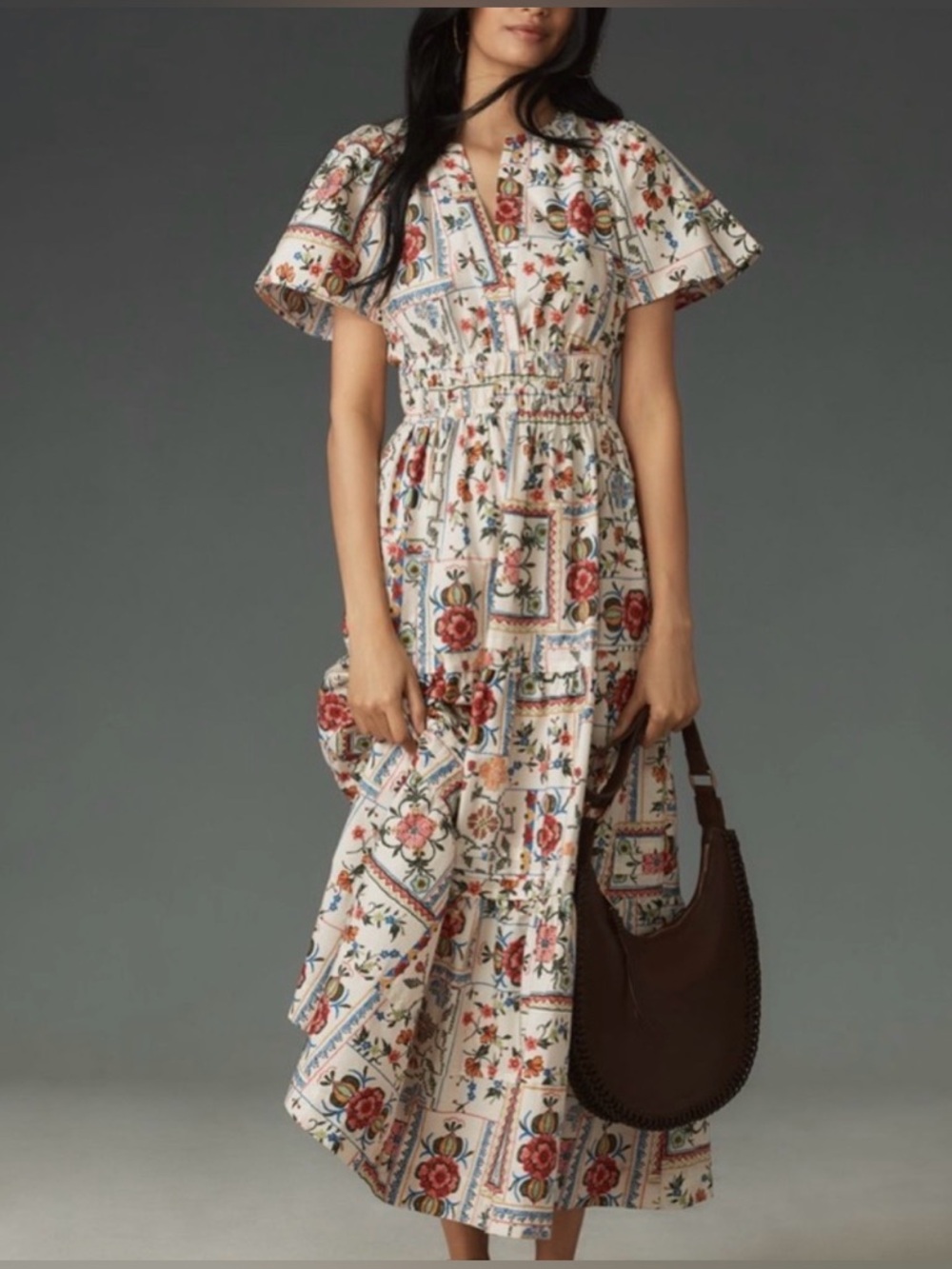 Anthropologie The Somerset Maxi Dress Ivory Tile Print Size XXS NWT